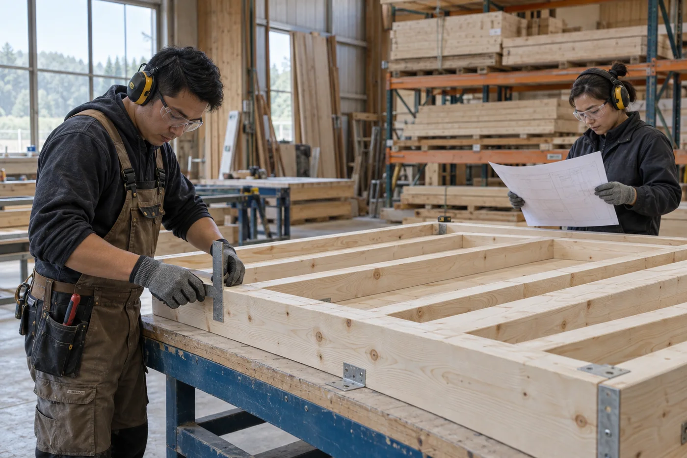 AI-generated illustration of Asian workshop staff checking a timber panel against its drawing