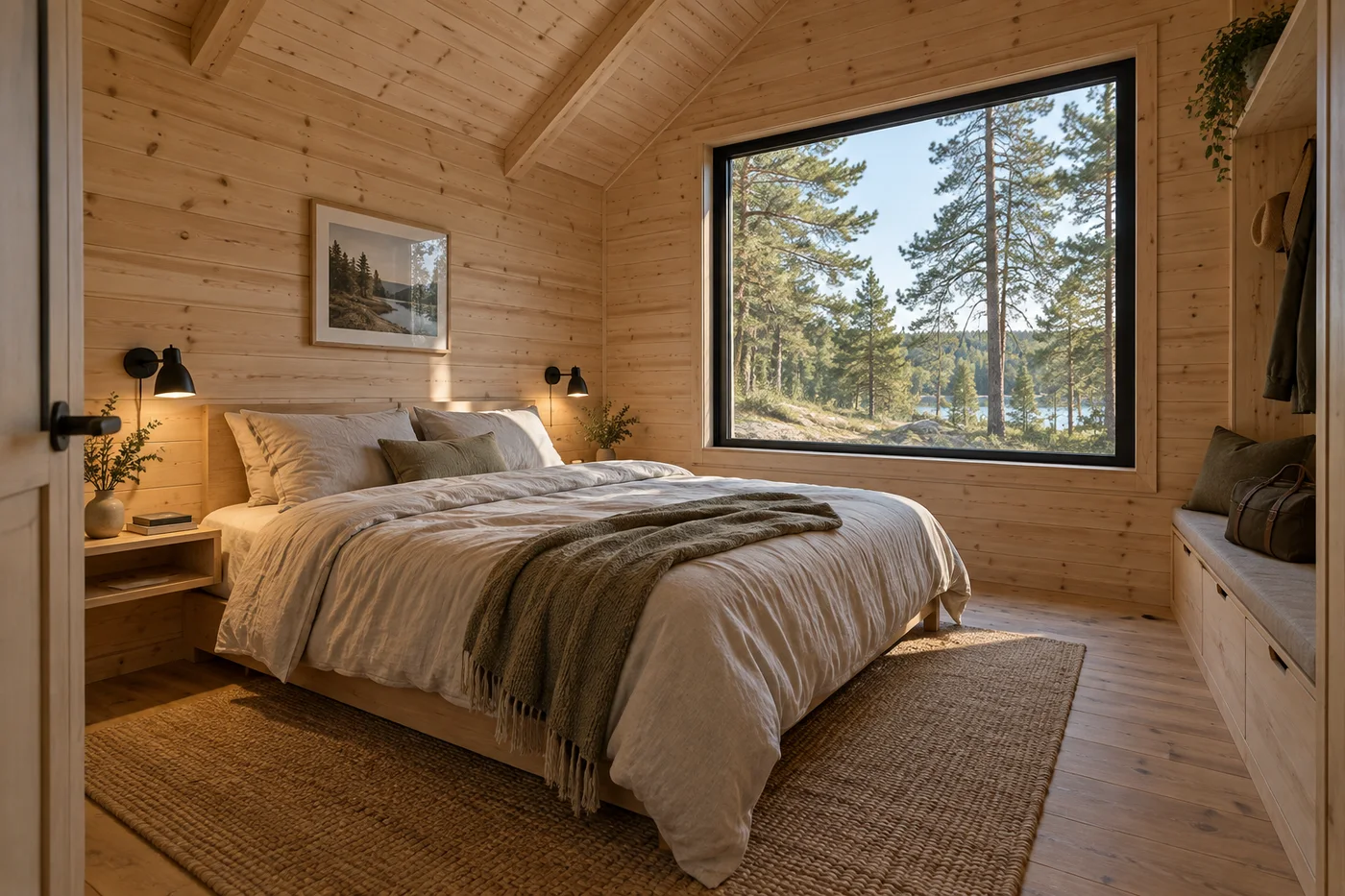 AI-generated timber cabin bedroom with natural linen, built-in luggage storage and forest views