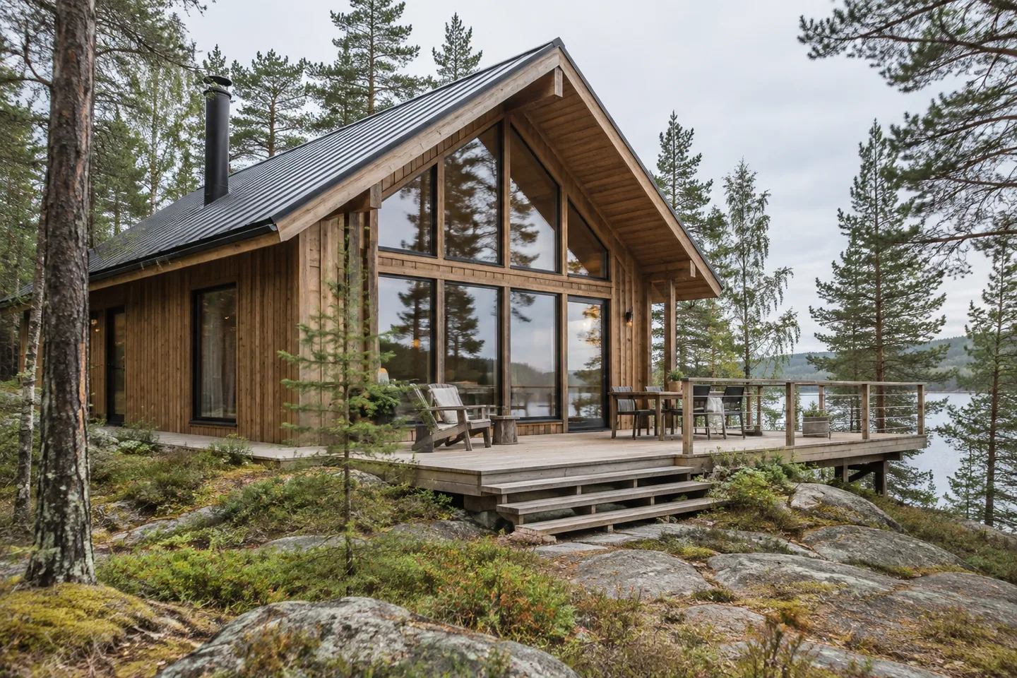 AI-generated architectural photograph of a timber guest cabin concept in a forest resort
