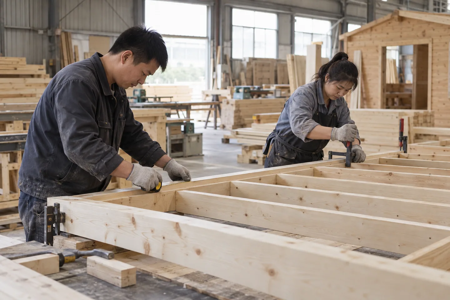 AI-generated documentary-style image of Asian workers measuring a timber cabin wall frame