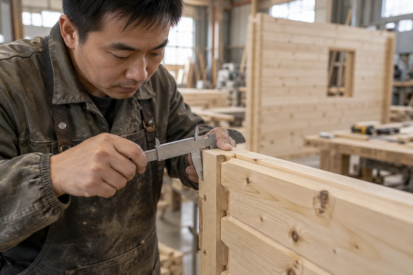 AI-generated close-up of an Asian craftsperson checking a timber joint with a caliper
