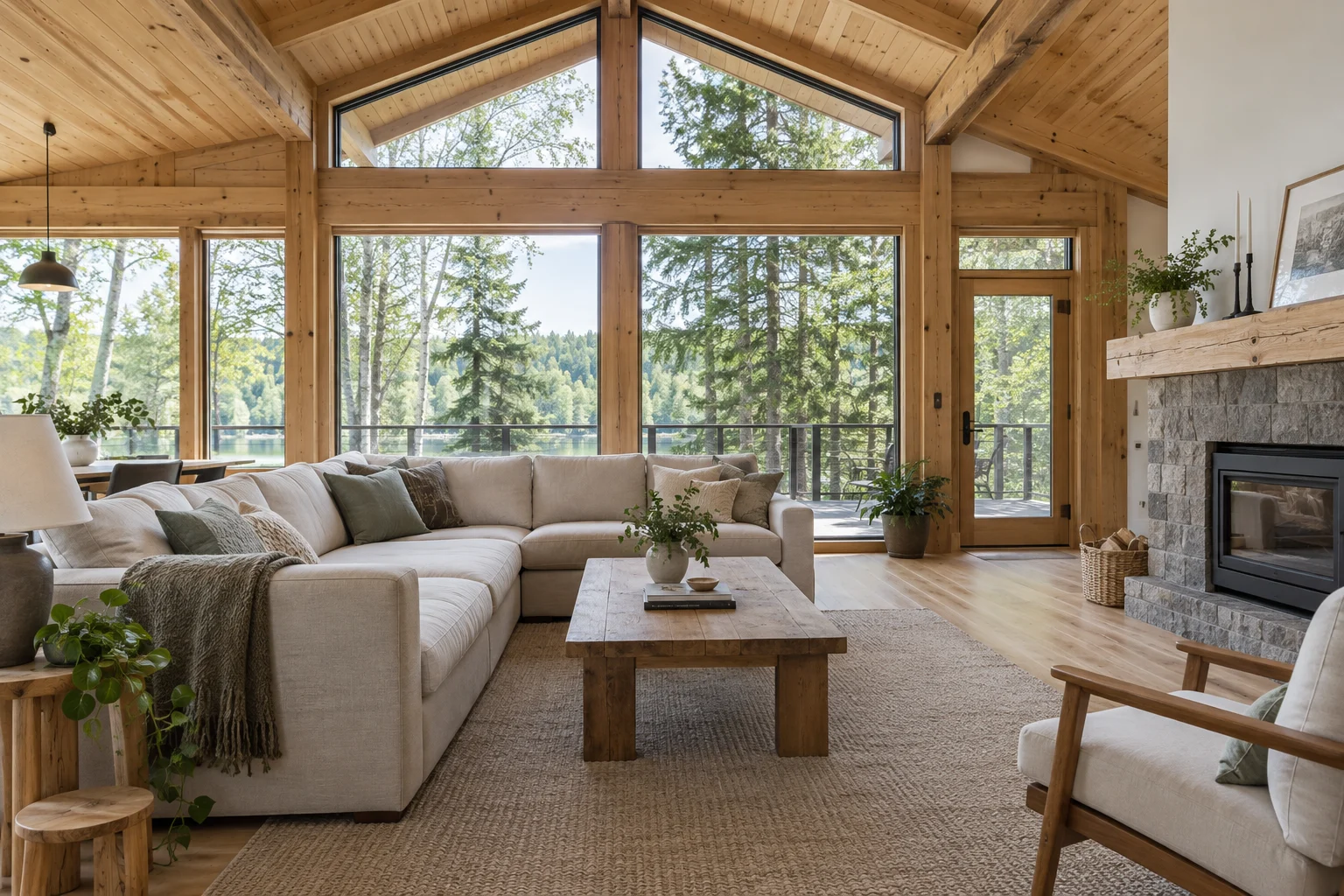 Bright timber cabin living room concept with forest views