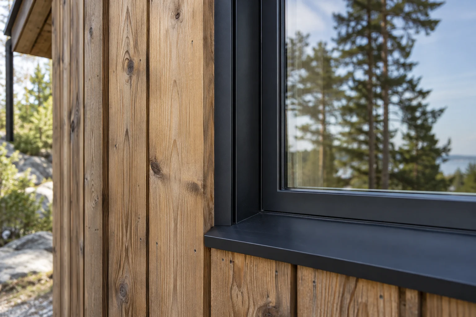 Illustrative detail of timber cladding adjoining a black window frame