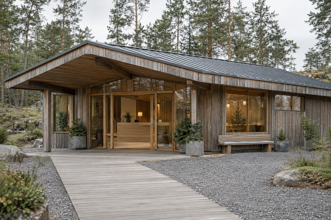 AI-generated wooden reception building with a sheltered entrance in a woodland setting