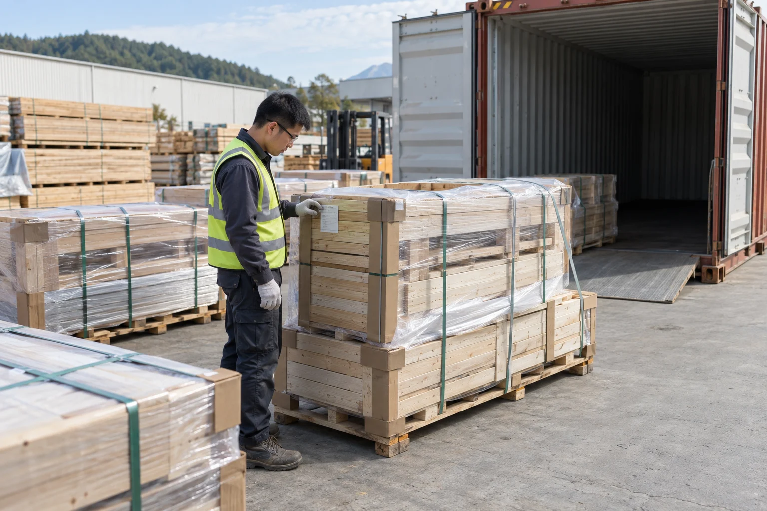 Illustration of an Asian worker checking packed timber components near a shipping container