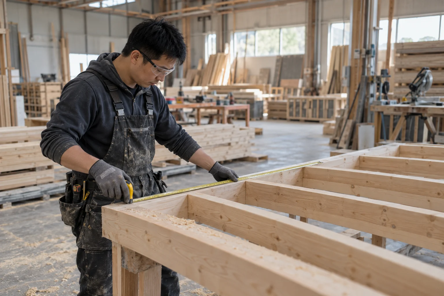 Asian worker measuring a timber frame in an illustrative workshop scene